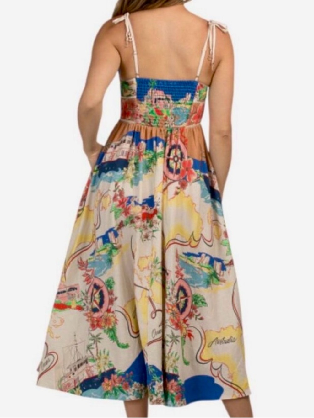 NWT Christian Lacroix linen White Lotus map print vacation sundress Dress S - Picture 2 of 14